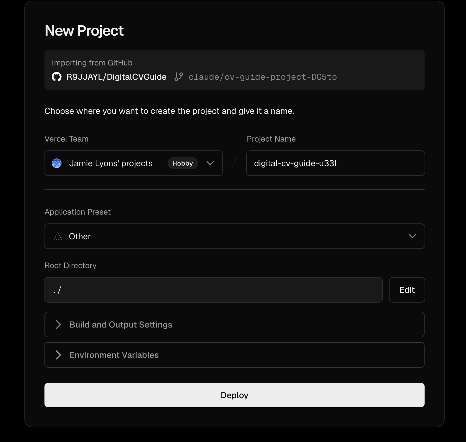 Vercel deploy settings